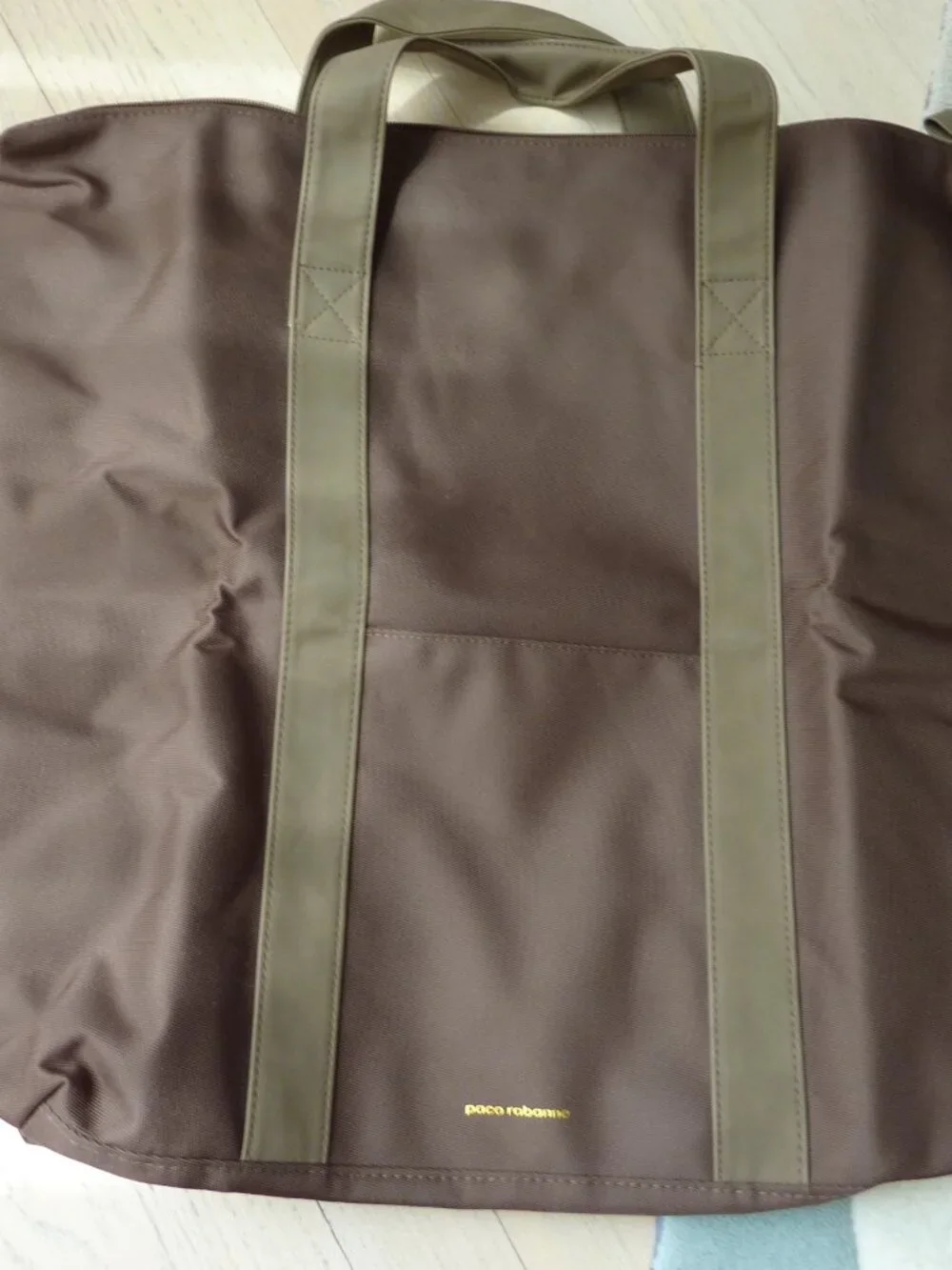 NEW Paco Rabanne Brown Overnight Weekend Canvas Travel Bag Foldable Gold Accent
